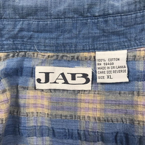 VTG 90s JAB Button Shirt Mens L Blue Tan Plaid SEERSUCKER Short Sleeve Casual - Picture 6 of 11